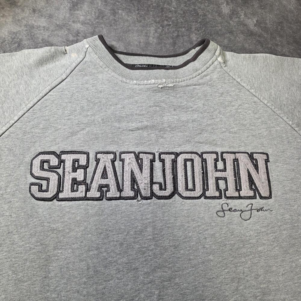 Sean John Sweatshirt Mens Medium Gray Crewneck Fleece Logo Graphic Pullover